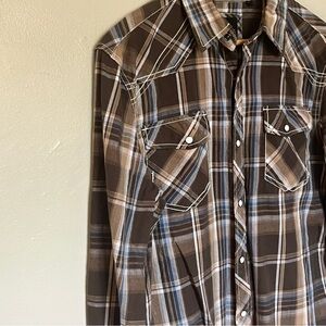 Various Artists Men’s Brown & Blue Plaid Western Button Up Shirt Size Medium